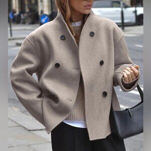 Commense Beige Jacket Oversized Double Breasted Drop Shoulder Coat Size XS NEW